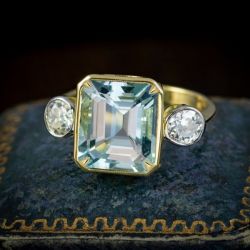 Three Stone Two Tone Emerald Cut Aquamarine Engagement Ring