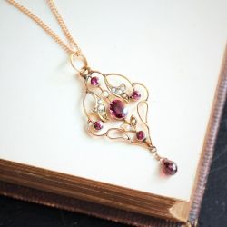 Art Deco Ruby Sapphire Oval & Drop Cut Golden Pendant Necklace For Women