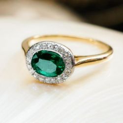 Two Tone Halo Emerald Sapphire Oval Cut Engagement Ring
