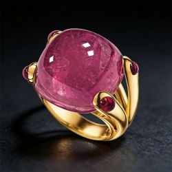 Golden Red Sapphire Cushion Cabochon Cut Split Shank Engagement Ring