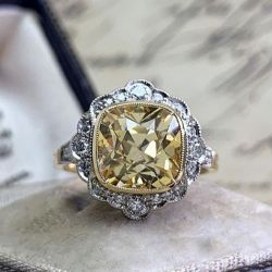 Art Deco Halo Yellow Sapphire Cushion Cut Two Tone Engagement Ring