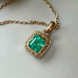Golden Halo Emerald Sapphire Asscher Cut Pendant Necklace