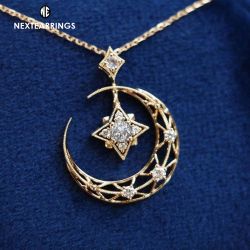 Star & Moon Design White Sapphire Round Cut Pendant Necklace