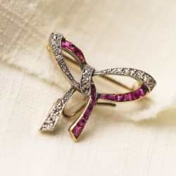 Cute Bow Design Ruby & White Sapphire Round & Baguette Cut Brooch For Women