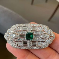Art Deco Emerald & White Sapphire Asscher Cut Brooch For Women 