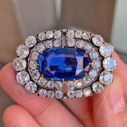 Vintage Double Halo Blue & White Sapphire Cushion Cut Brooch