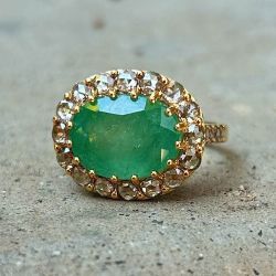 Golden Vintage Halo Emerald & White Sapphire Oval Cut Engagement Ring