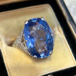 Art Deco Split Shank Blue Sapphire Cushion Cut Engagement Ring For Women