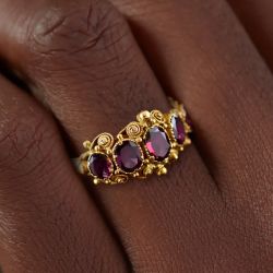 Art Deco Five Stone Ruby Sapphire Oval Cut Golden Engagement Ring For Women