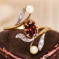 Art Deco Garnet Sapphire & Pearl Oval Cut Engagement Ring