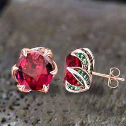 Unique Rose Gold Ruby Sapphire Round Cut Stud Earrings For Women