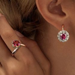 Halo Ruby Sapphire Round Cut Engagement Ring & Drop Earrings Set For Women