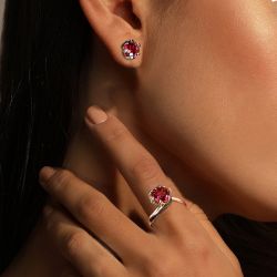 Unique Rose Design Ruby Sapphire Round Cut Engagement Ring & Stud Earrings Set