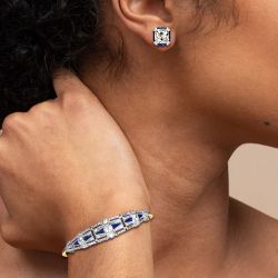 Vintage Blue & White Sapphire Cushion Cut Bracelet & Stud Earrings Set