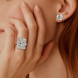Classic White Sapphire Radiant & Asscher Cut Engagement Ring & Stud Earrings Set
