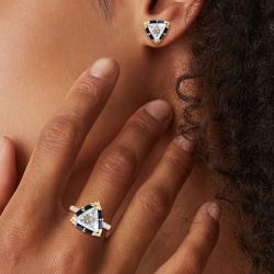 Unique Triangle Cut White & Blue Sapphire Engagement Ring & Stud Earrings Set