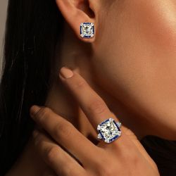 Vintage Halo White Sapphire Cushion Cut Engagement Ring & Stud Earrings Set