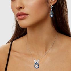 Art Deco White & Blue Sapphire Round Cut Pendant Necklace & Drop Earrings Set