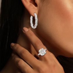 White Sapphire Cushion & Pear Cut Hoop Earrings & Engagement Ring Set