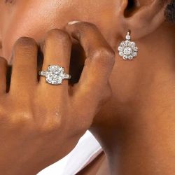 White Sapphire Cushion & Round Cut Engagement Ring & Drop Earrings Set