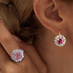 Vintage Halo Ruby & Pink Sapphire Cushion Cut Engagement Ring & Drop Earrings Set