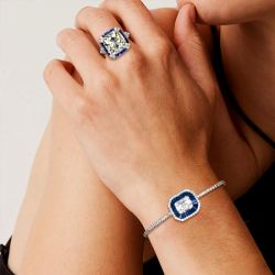 Halo White & Blue Sapphire Cushion Cut Bracelet & Engagement Ring Set