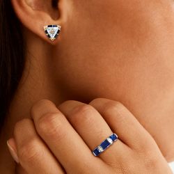 White & Blue Sapphire Triangle & Baguette Cut Engagement Ring & Stud Earrings Set