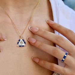 Blue & White Sapphire Triangle & Baguette Cut Pendant Necklace & Engagement Ring Set