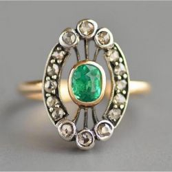 Art Deco Emerald & White Sapphire Cushion Cut Two Tone Engagement Ring For Women 