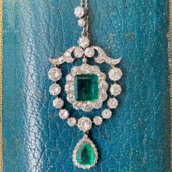 Art Deco Halo Emerald & White Sapphire Emerald & Pear Cut Pendant Necklace