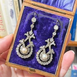 Art Deco White Sapphire & Pearl Round Cut Drop Earrings For Women