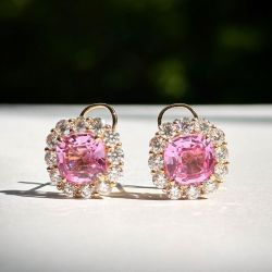 Halo Pink & White Sapphire Cushion Cut Golden Stud Earrings For Women