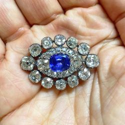 Vintage Halo Blue & White Sapphire Cushion Cut Brooch For Women