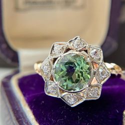 Art Deco Halo Light Green Sapphire Round Cut Two Tone Engagement Ring