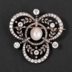 Art Deco Two Tone White Pearl & Sapphire Round Cut Brooch