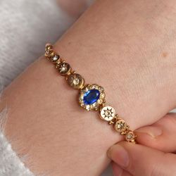 Vintage Golden Blue Sapphire Oval & Round Cut Bracelet For Women