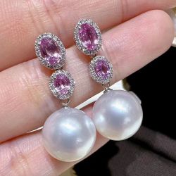 Cute Pink Sapphire & White Pearl Oval Cut Drop Earrings For Women