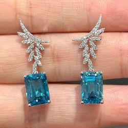 Unique Blue Sapphire Emerald Cut Drop Earrings For Women