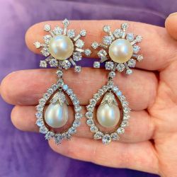 Art Deco Halo White Sapphire & Pearl Round & Pear Cut Drop Earrings