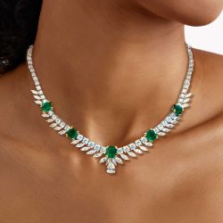 Vintage Emerald & White Sapphire Emerald Cut Two Tone Necklace For Women