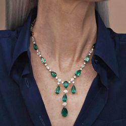 Two Tone Emerald & White Sapphire Pear Cut Pendant Necklace For Women