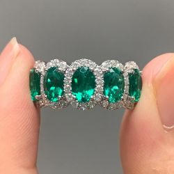Halo Emerald Sapphire Oval Cut Half Eternity Wedding Band For Women