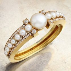 Vintage Golden White Pearl & Sapphire Round Cut Bangle Bracelet For Women
