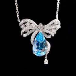 Bow Design Aquamarine Sapphire Pear Cut Pendant Necklace For Women