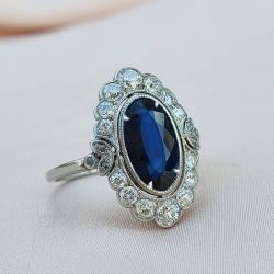 Art Deco Halo Blue Sapphire Oval Cut Engagement Ring For Women