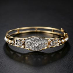 Nextearrings Art Deco Two Tone White Sapphire & Pearl Round Cut Bangle Bracelet For Women