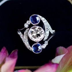 Art Deco White & Blue Sapphire Round Cut Engagement Ring For Women