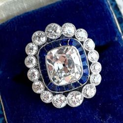 Double Halo White & Blue Sapphire Cushion Cut Engagement Ring For Women