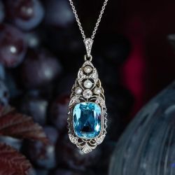 Art Deco Aquamarine & Pearl Cushion Cut Pendant Necklace For Women