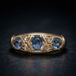 Vintage Three Stone Blue Sapphire Oval & Round Cut Golden Engagement Ring